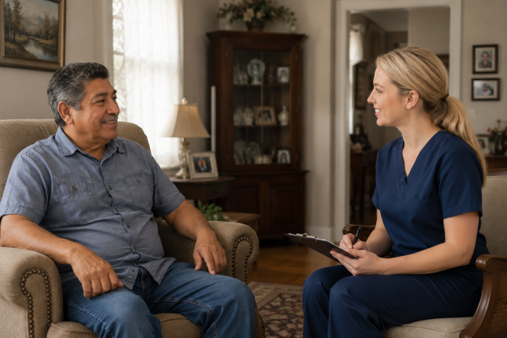 Female caregiver meeting with an older Hispanic man in his home during an in-home care visit in Pueblo, Colorado.